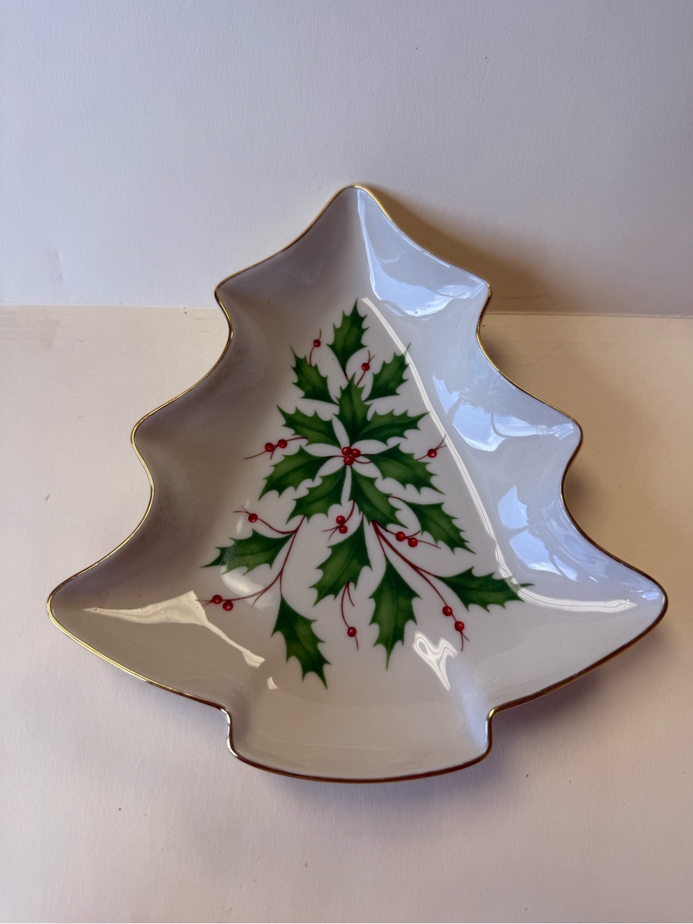 Lenox Tree-Shaped Holiday Christmas Candy Dish with Green Holly & Red Berries